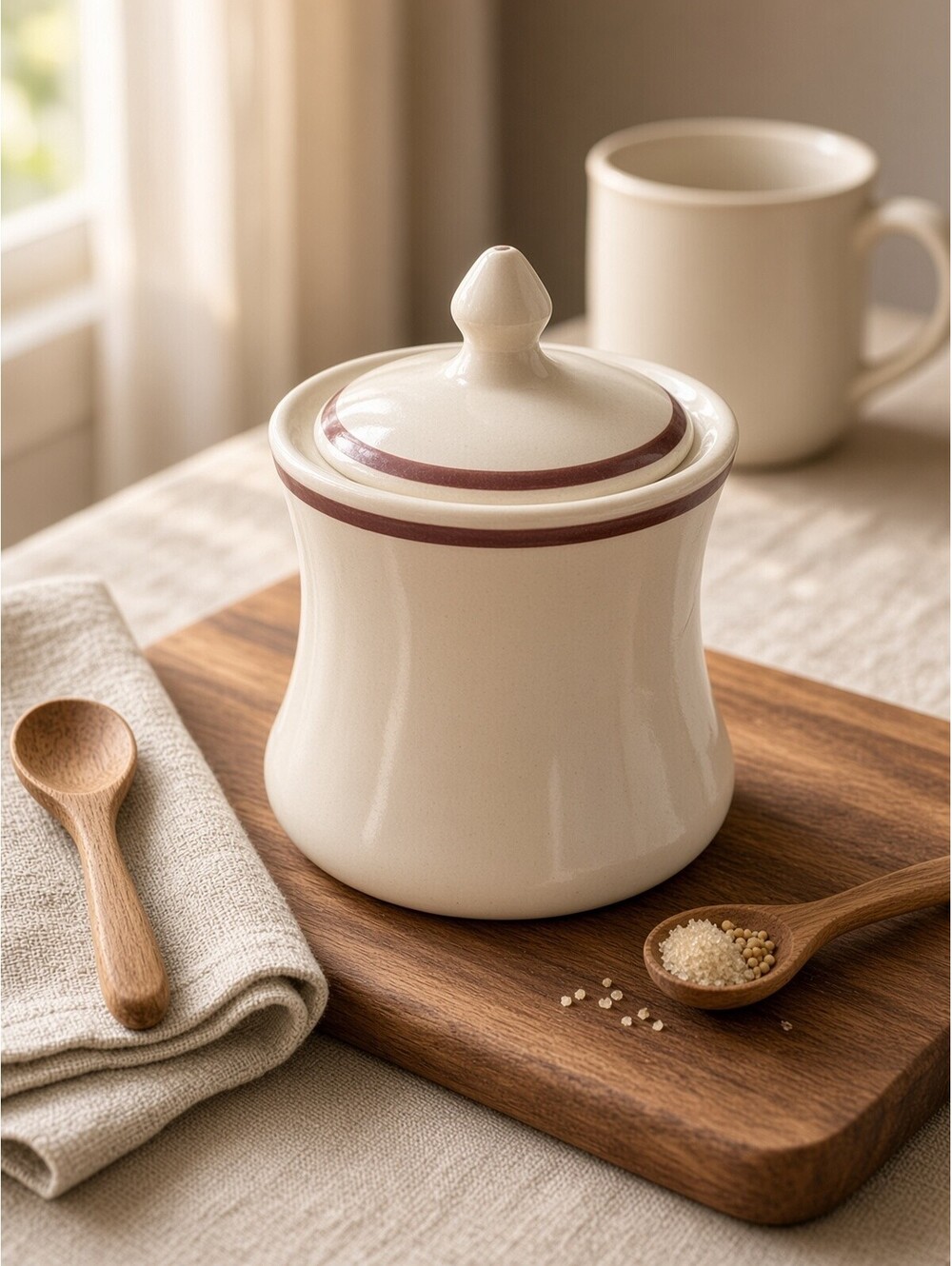 Vintage Carr China Glo-Tan Lidded Mustard Pot with Maroon Band, 1930s-1952
